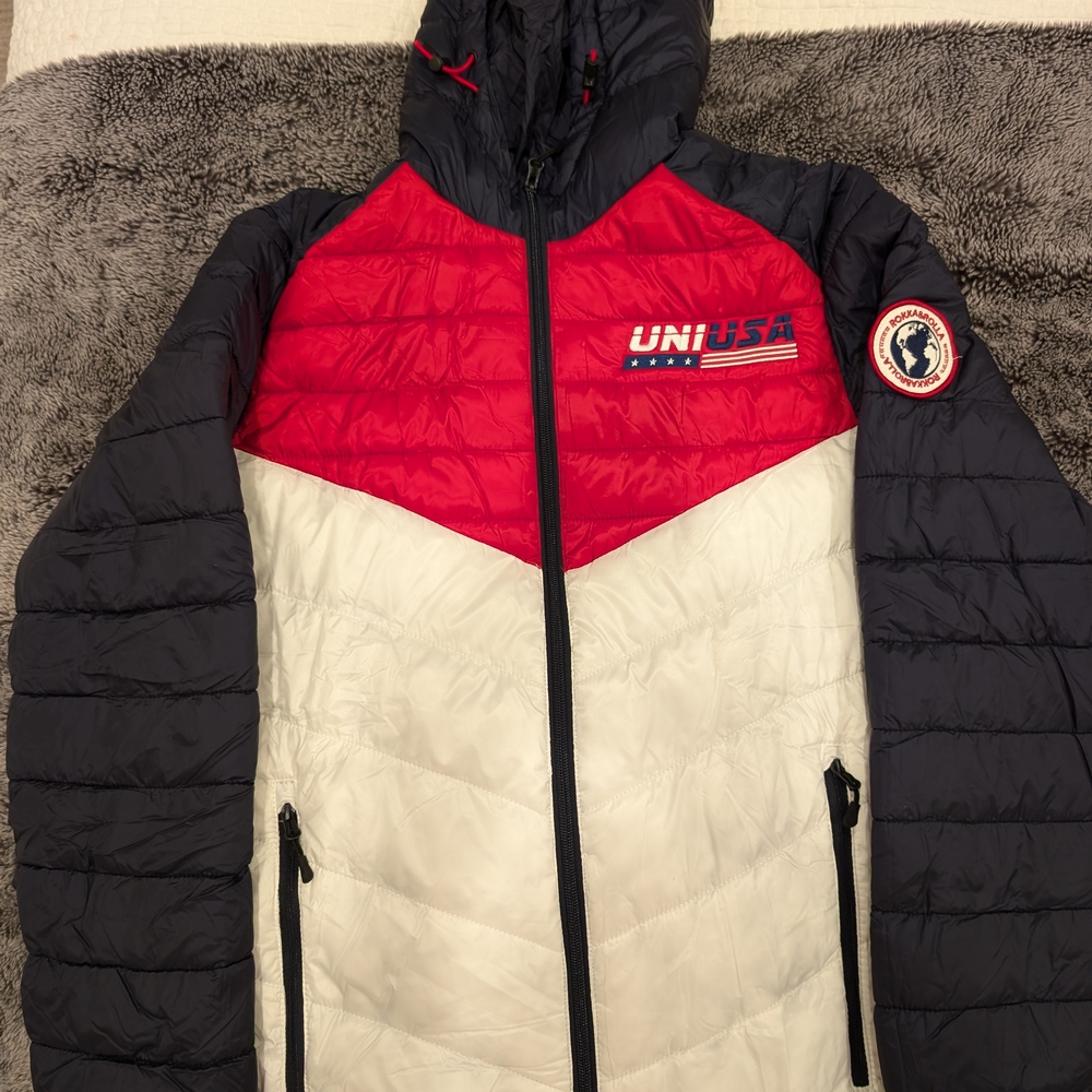 Athletic Red and White Chevron Puffer Jacket